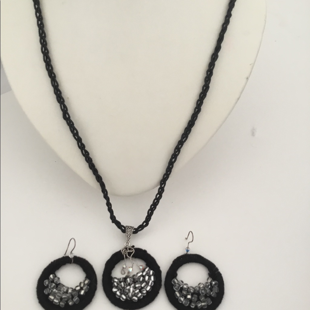 Crochet Black Earrings Necklace Set Handmade